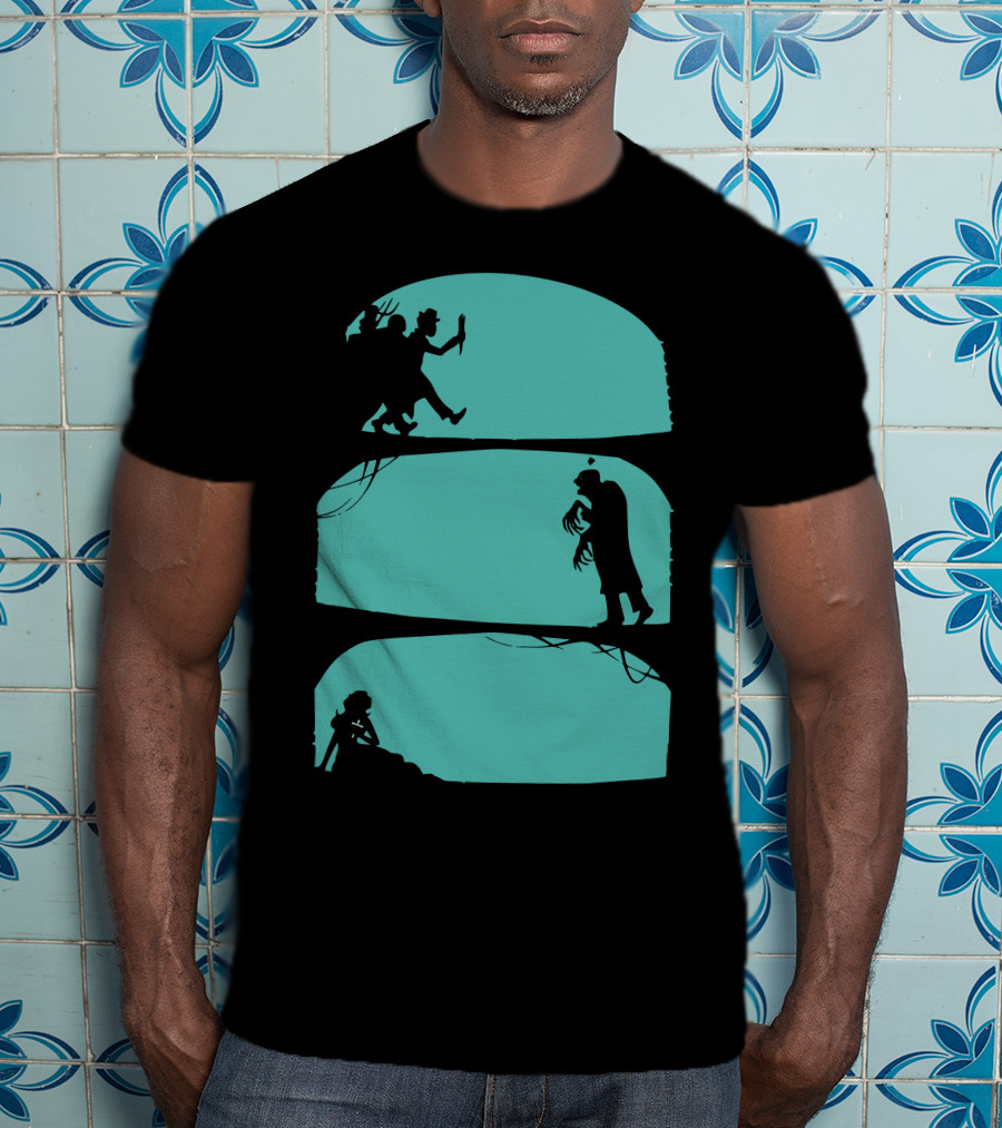 Hunt The Zombie Silhouette Chase With Weapon, Creeping Figure, And Hiding Woman T-Shirt