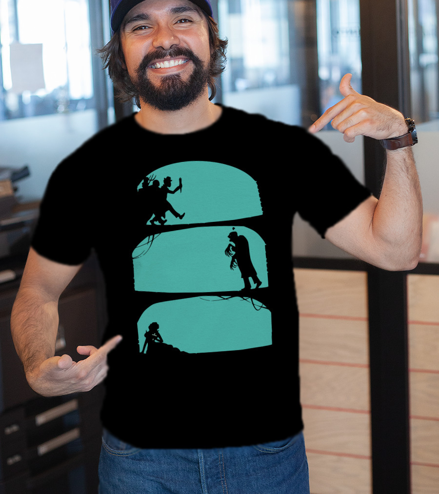 Hunt The Zombie Silhouette Chase With Weapon, Creeping Figure, And Hiding Woman T-Shirt