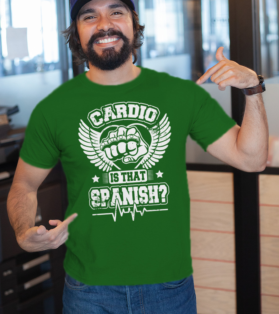Cardio Is That Spanish Bold Fist And Wings With Heartbeat Line T-Shirt