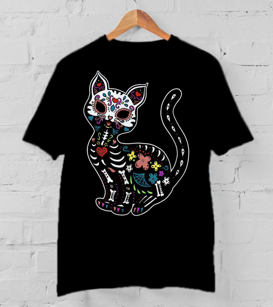 Calavera Cat Dia De Los Muertos Sugar Skull Colorful Skeleton Decor T-Shirt
