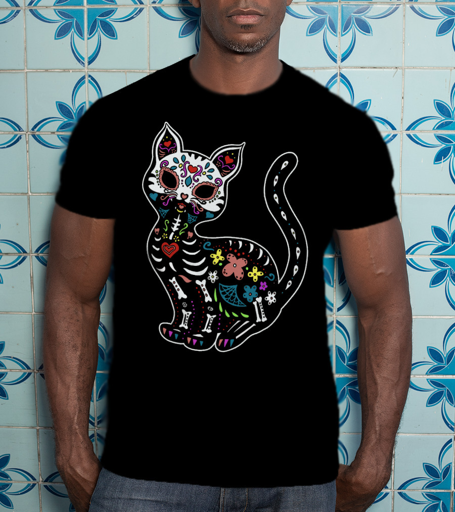 Calavera Cat Dia De Los Muertos Sugar Skull Colorful Skeleton Decor T-Shirt