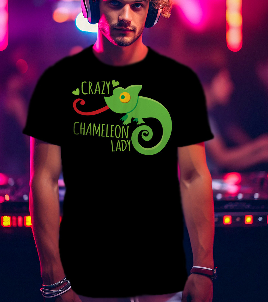 CRAZY CHAMELEON LADY Green Cartoon With Hearts T-Shirt