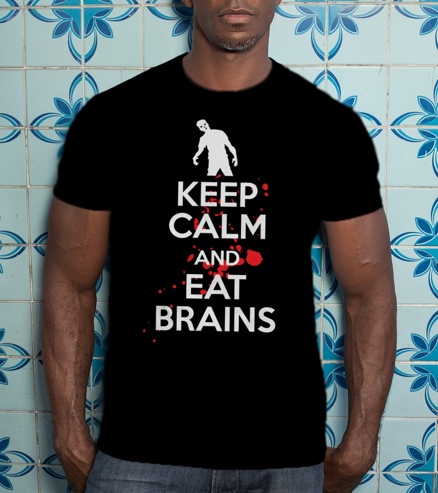 Keep Calm And Eat Brains Zombie Blood Splatter T-Shirt