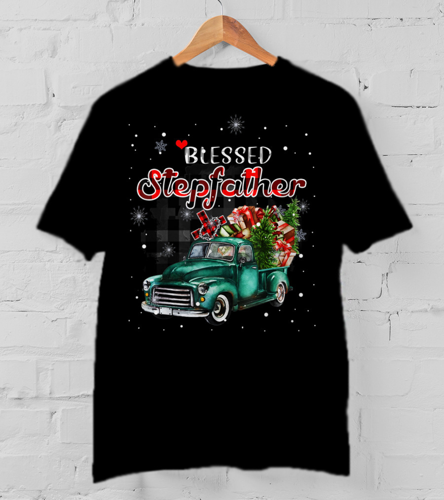 Blessed Stepfather Vintage Truck Christmas Plaid Snowflakes T-Shirt
