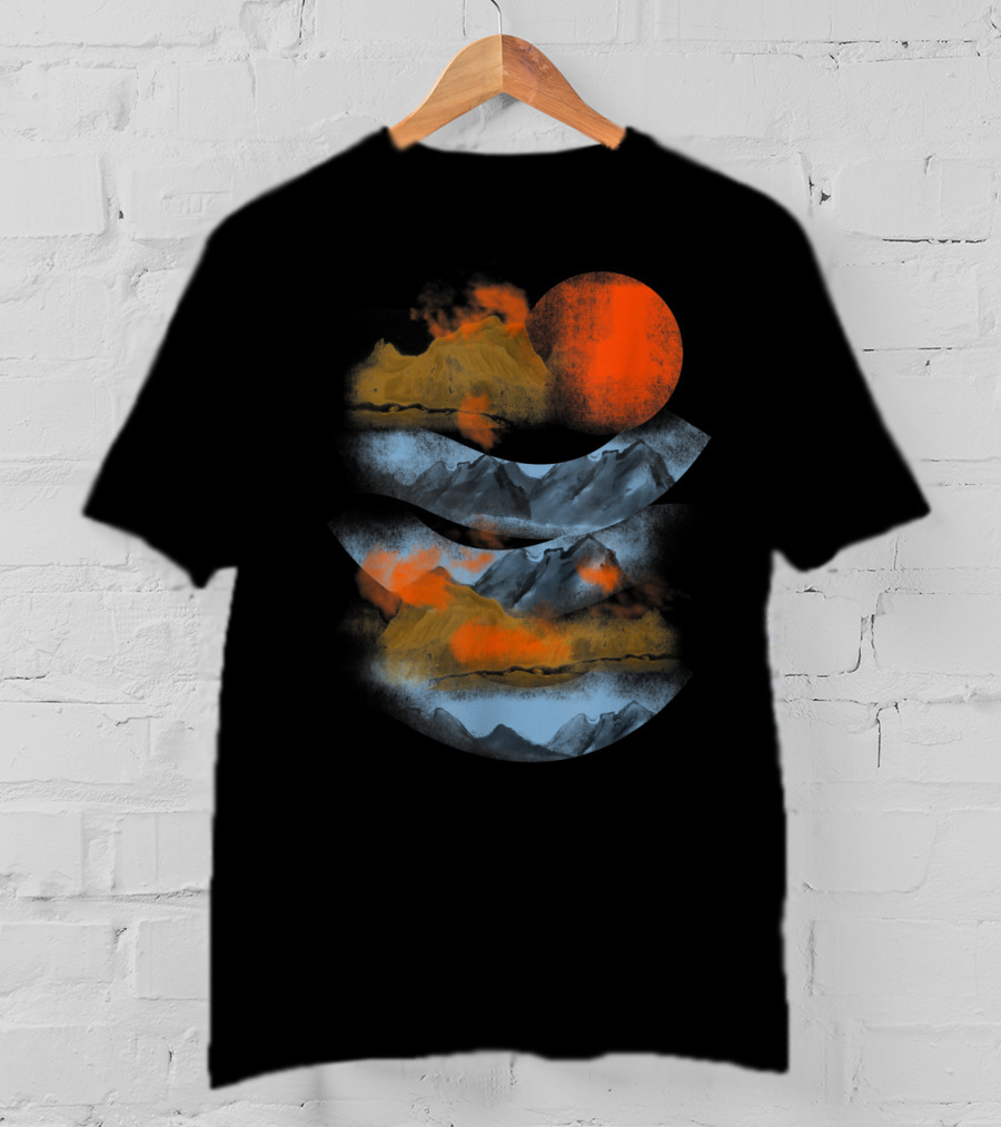 Blurry Mountains Clouds With Red Sun And Smoky Peaks T-Shirt