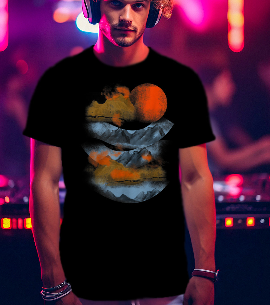 Blurry Mountains Clouds With Red Sun And Smoky Peaks T-Shirt