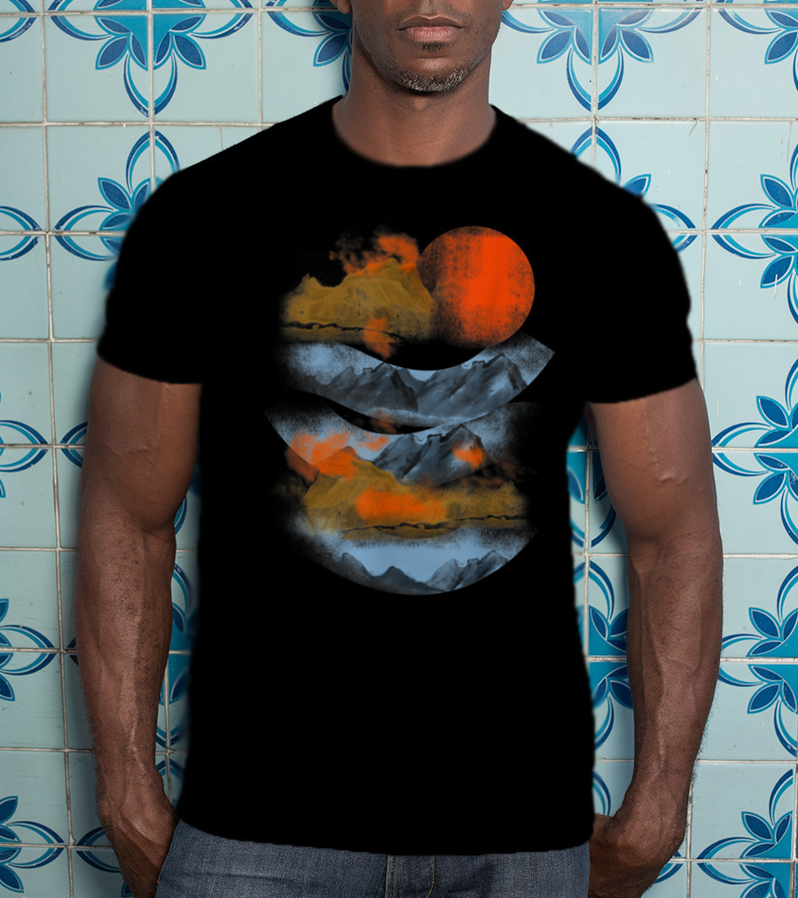 Blurry Mountains Clouds With Red Sun And Smoky Peaks T-Shirt