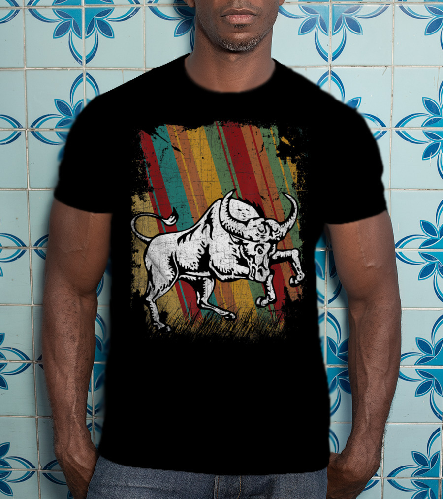 Retro Distressed Grunge Buffalo With Vintage Color Stripes T-Shirt