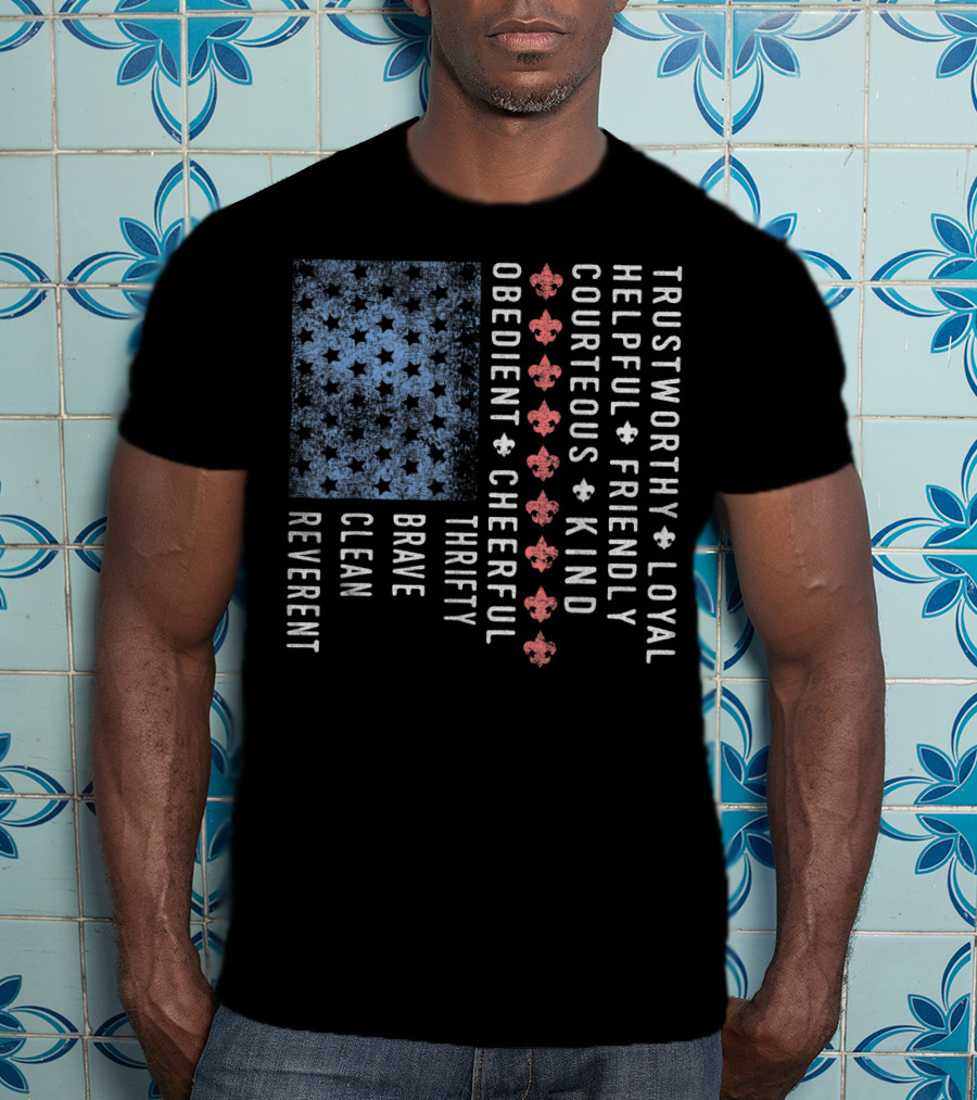 American Flag Trustworthy Loyal Helpful Friendly Courteous Kind Obedient Cheerful Thrifty Brave Clean Reverent Scout Law Vintage Scouting T-Shirt