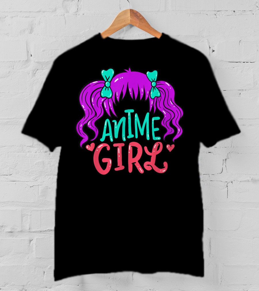 Anime Girl Purple Hair With Green Bows And Hearts T-Shirt