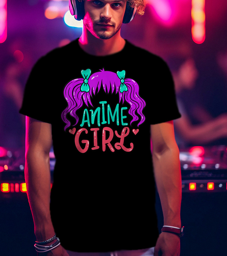 Anime Girl Purple Hair With Green Bows And Hearts T-Shirt