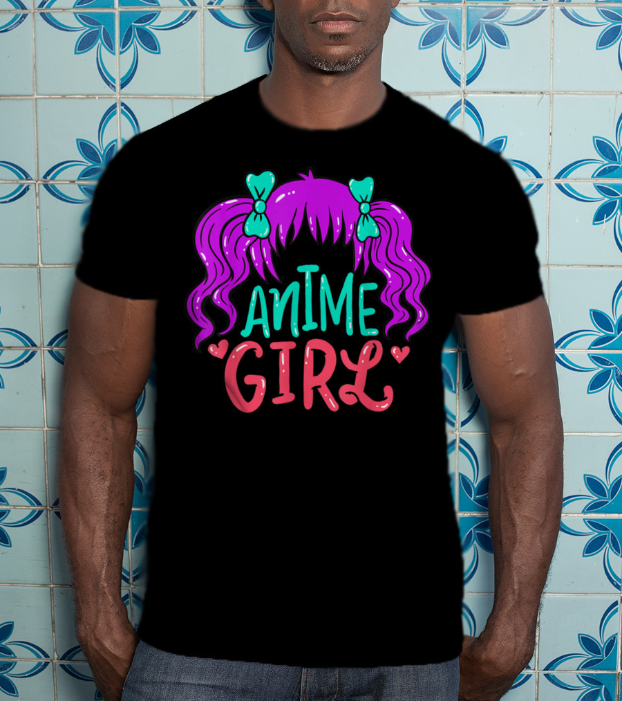 Anime Girl Purple Hair With Green Bows And Hearts T-Shirt