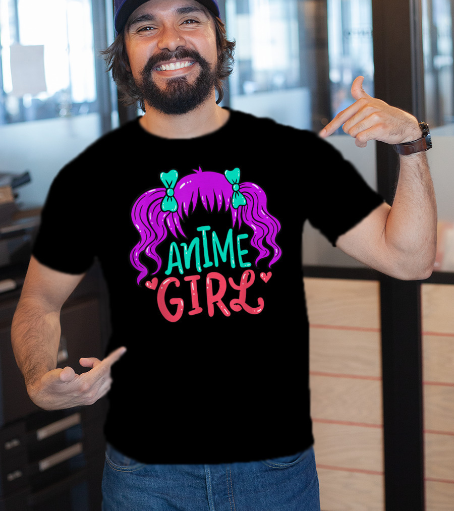 Anime Girl Purple Hair With Green Bows And Hearts T-Shirt