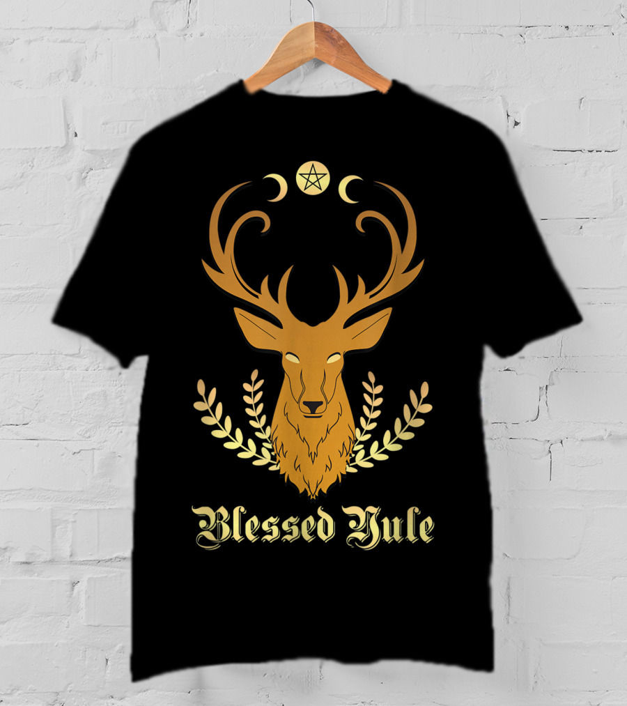 Blessed Yule Christmas Stag Pentacle Triple Moon T-Shirt