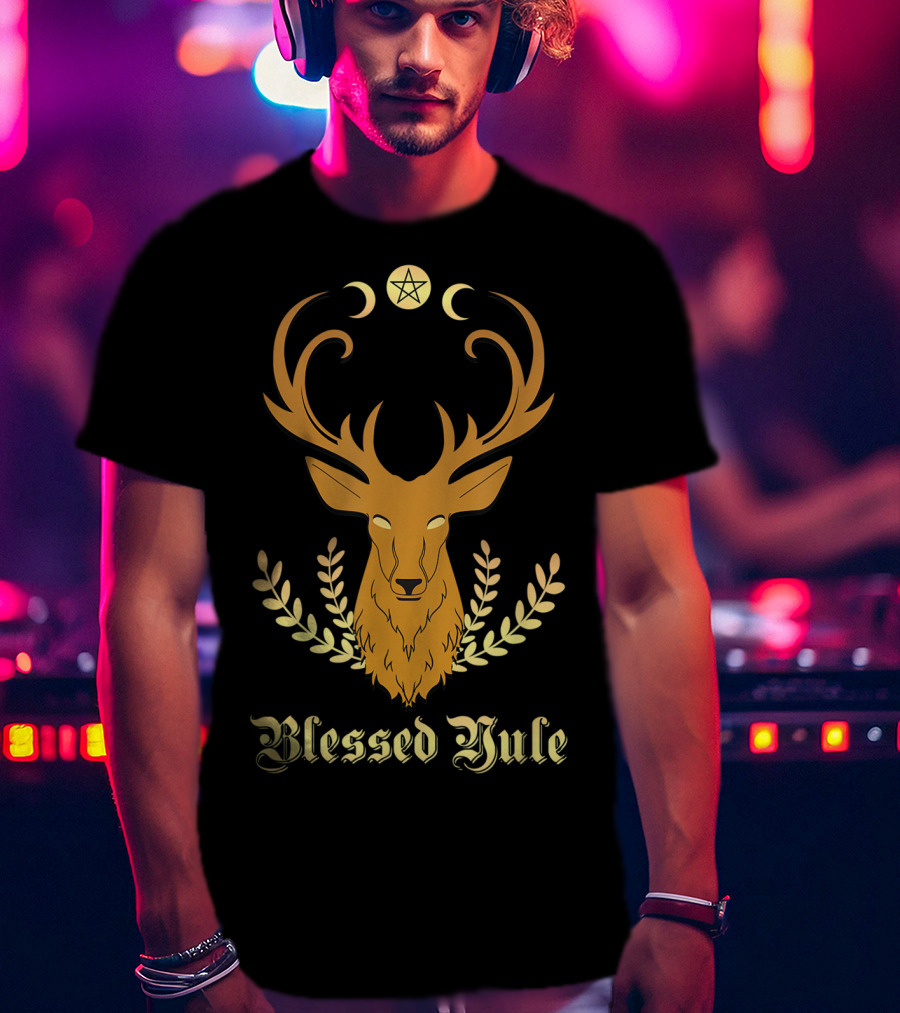 Blessed Yule Christmas Stag Pentacle Triple Moon T-Shirt