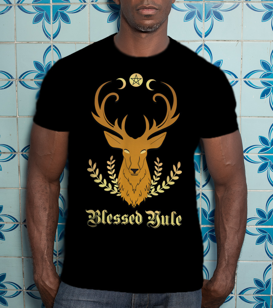 Blessed Yule Christmas Stag Pentacle Triple Moon T-Shirt