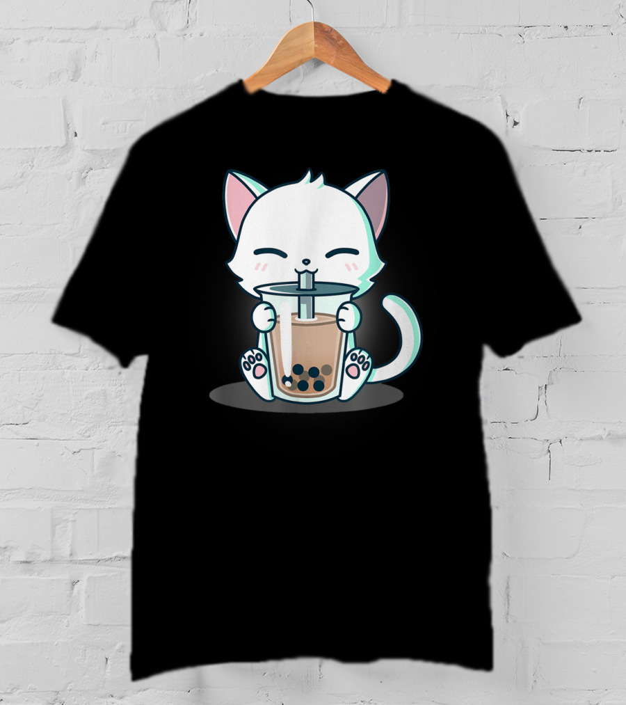 Kawaii Boba Cat Happy Kitten Drinking Bubble Tea Mood T-Shirt