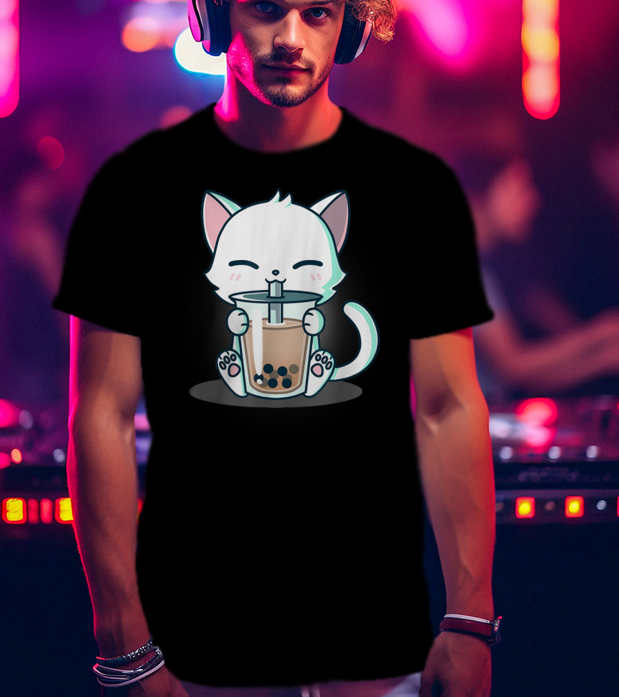 Kawaii Boba Cat Happy Kitten Drinking Bubble Tea Mood T-Shirt