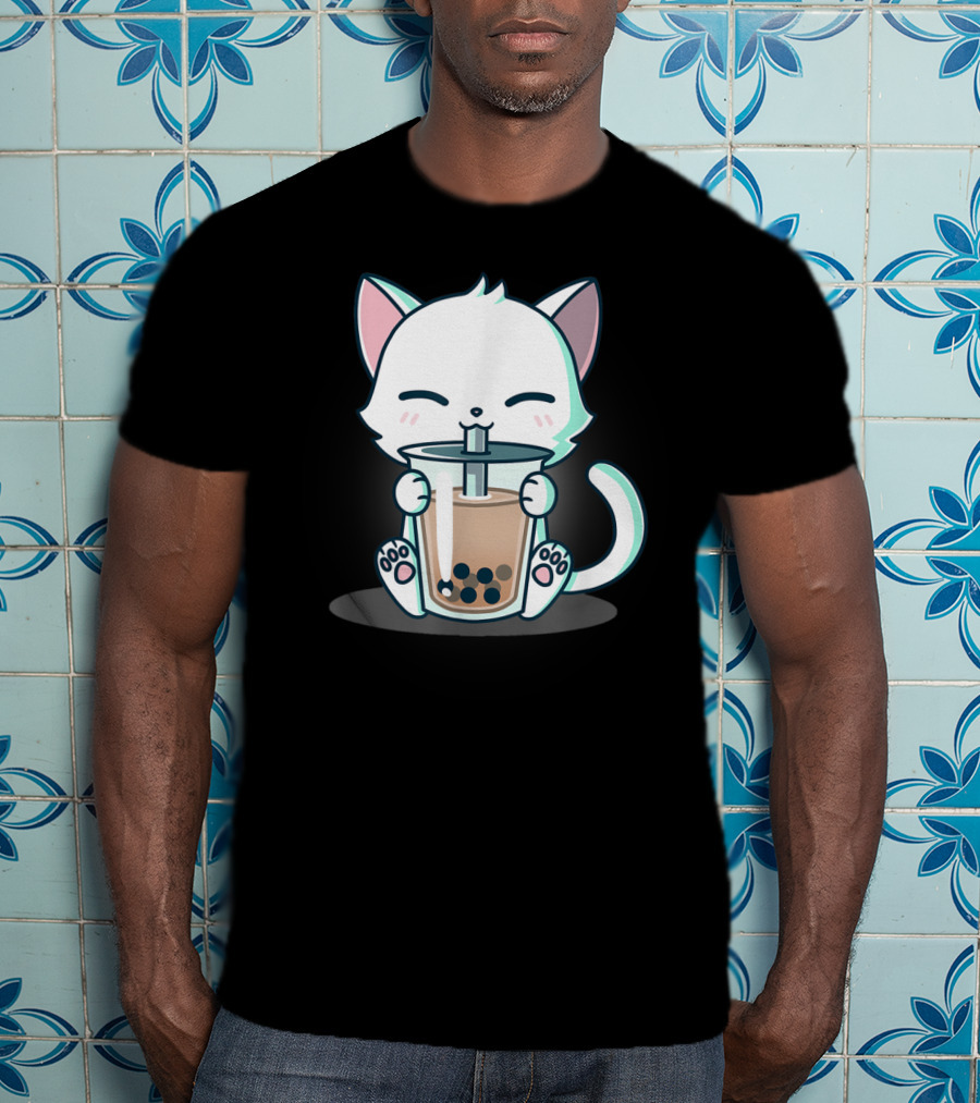 Kawaii Boba Cat Happy Kitten Drinking Bubble Tea Mood T-Shirt