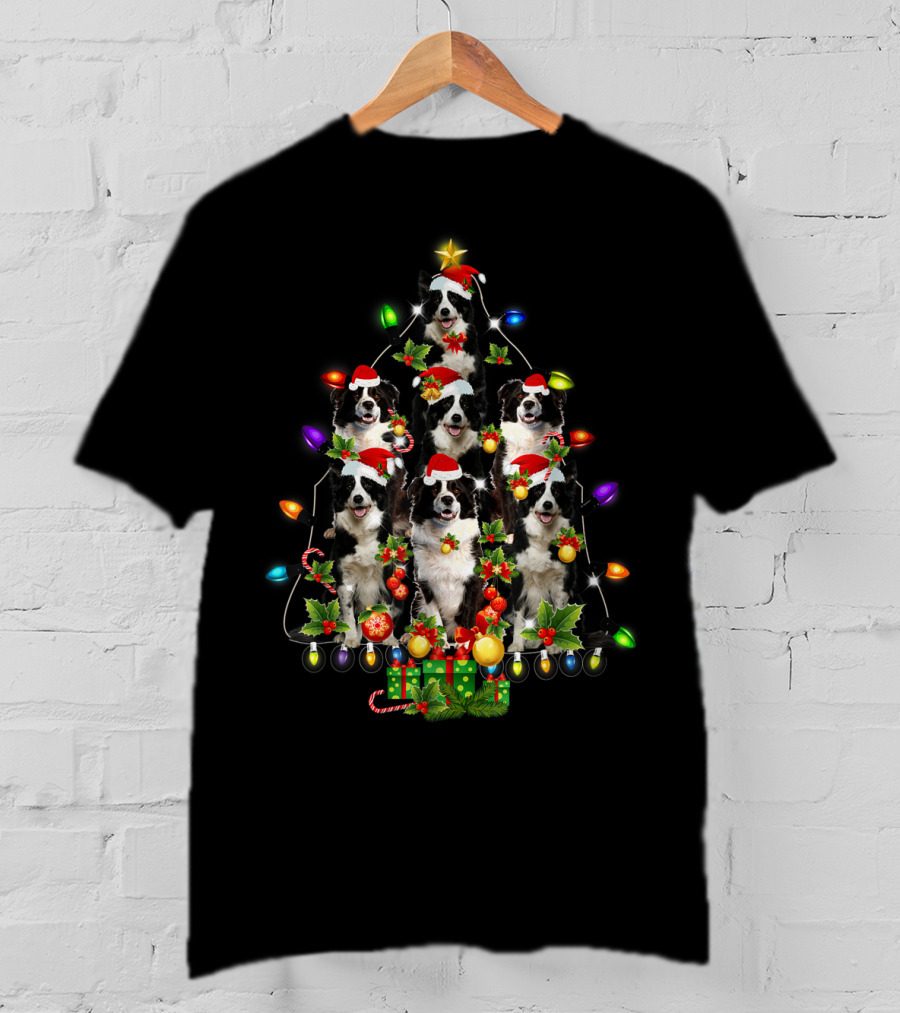 Border Collie Christmas Lights Festive Santa Hat Tree T-Shirt