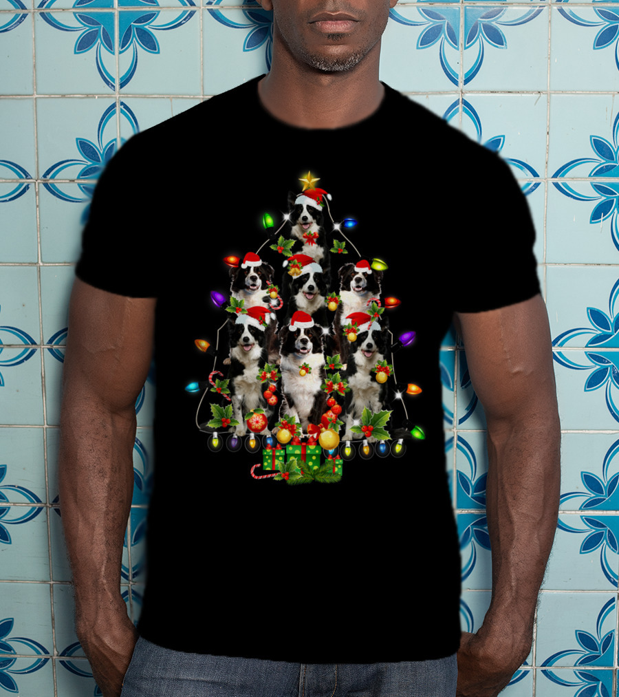 Border Collie Christmas Lights Festive Santa Hat Tree T-Shirt