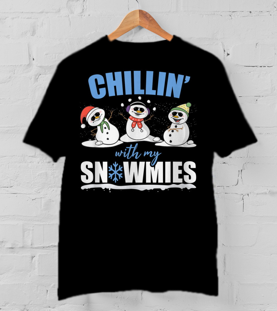 Chillin' With My Snowmies Christmas Snowman Trio In Santa Hats And Scarves T-Shirt