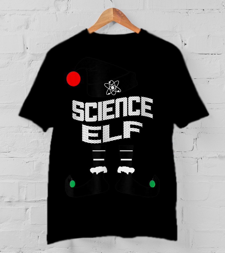 Science Elf Christmas Costume With Atom Hat And Striped Socks T-Shirt