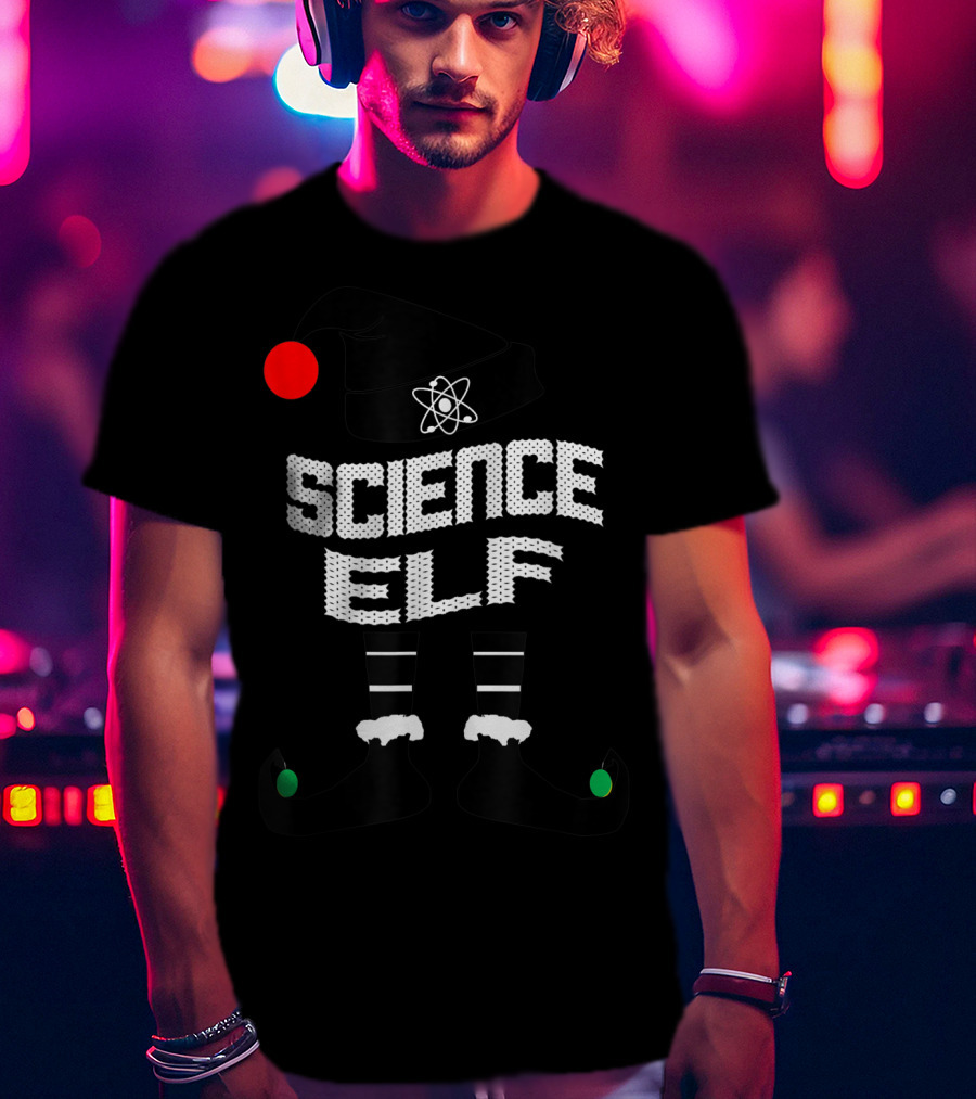 Science Elf Christmas Costume With Atom Hat And Striped Socks T-Shirt