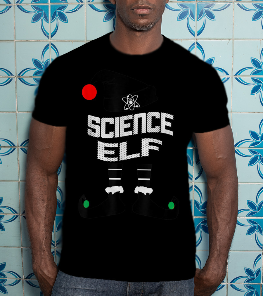 Science Elf Christmas Costume With Atom Hat And Striped Socks T-Shirt