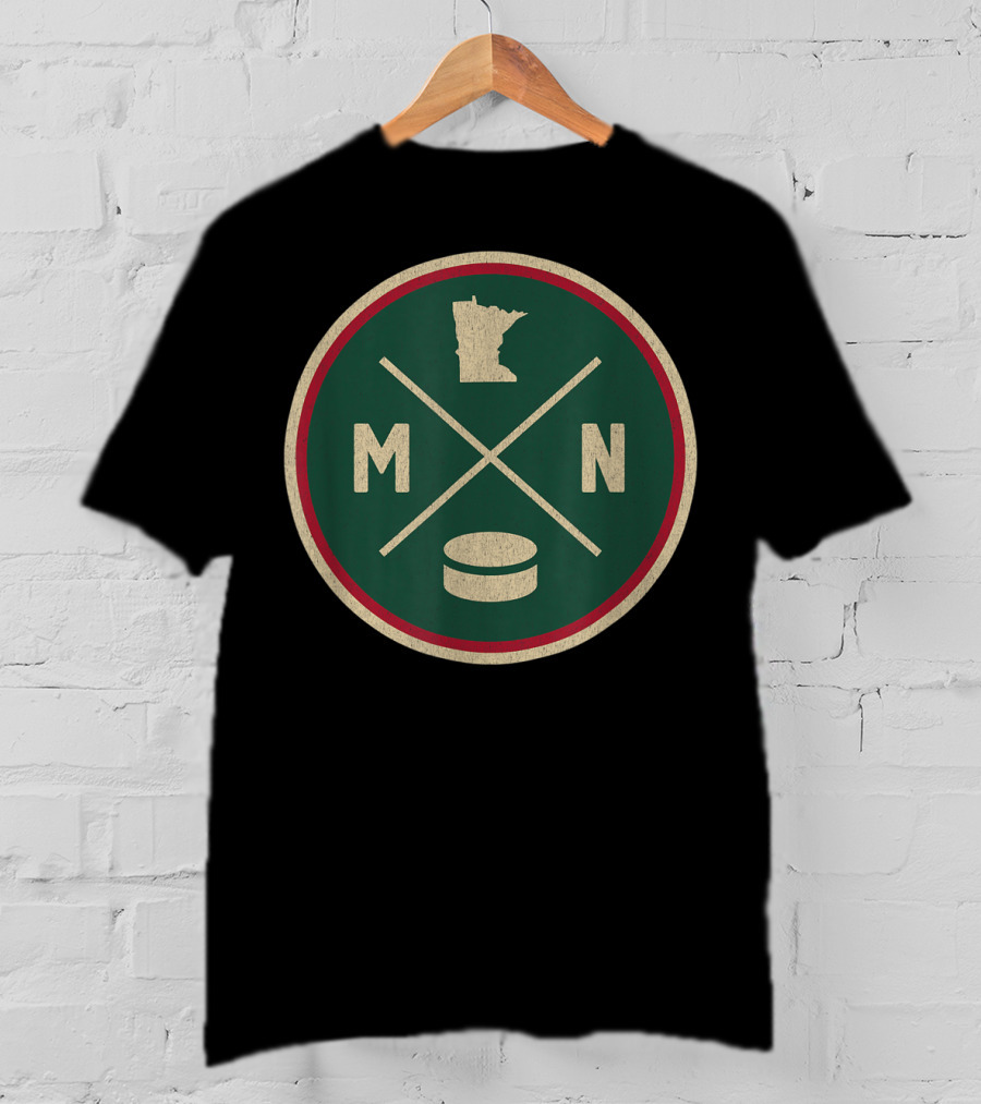 MN Hockey State Outline With Puck And Crossed Sticks Retro T-Shirt