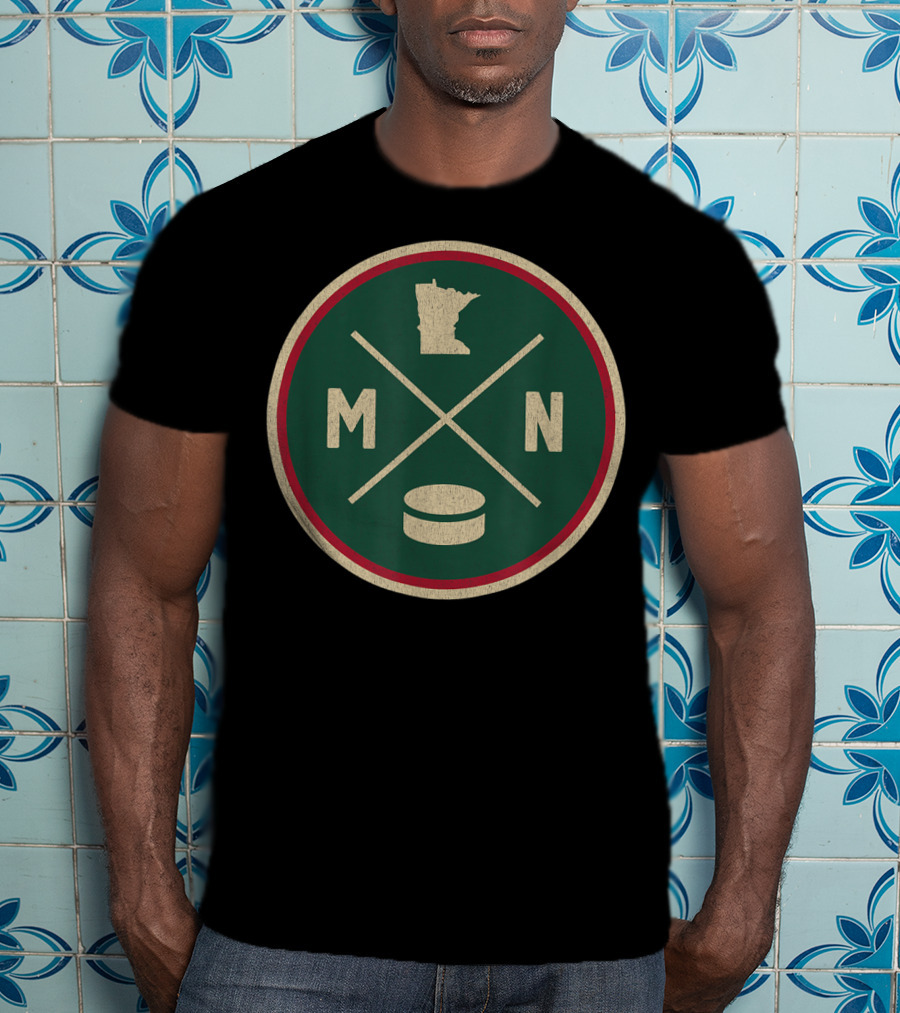 MN Hockey State Outline With Puck And Crossed Sticks Retro T-Shirt