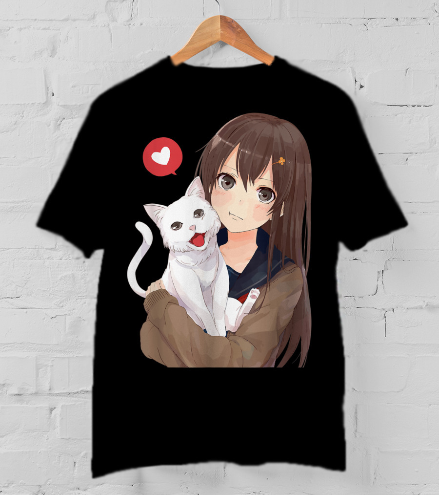 Cute Anime Girl With Adorable White Kitty Cat And Heart T-Shirt