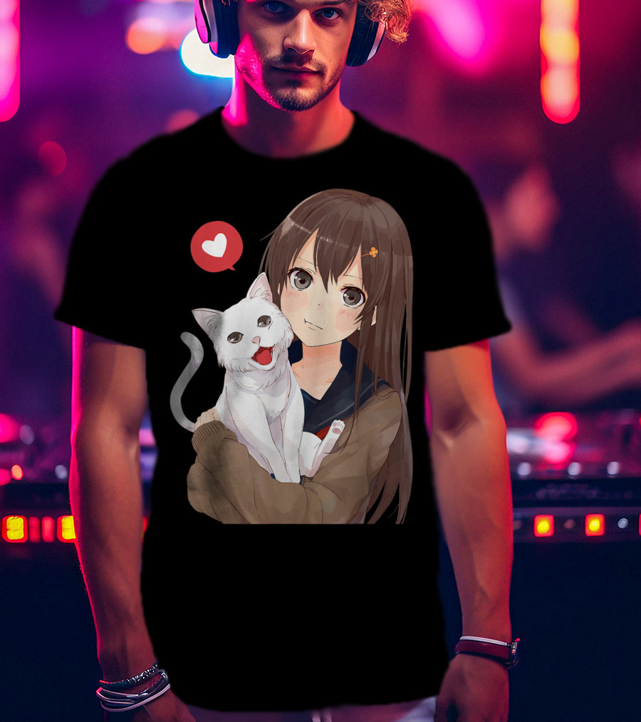 Cute Anime Girl With Adorable White Kitty Cat And Heart T-Shirt