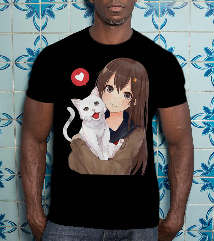 Cute Anime Girl With Adorable White Kitty Cat And Heart T-Shirt