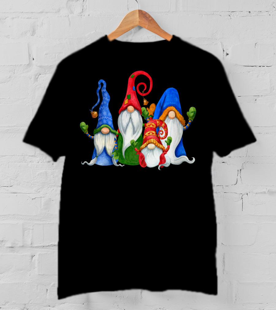 Cute Four 4 Nordic Gnomes Christmas Elves With Colorful Hats And Beards T-Shirt