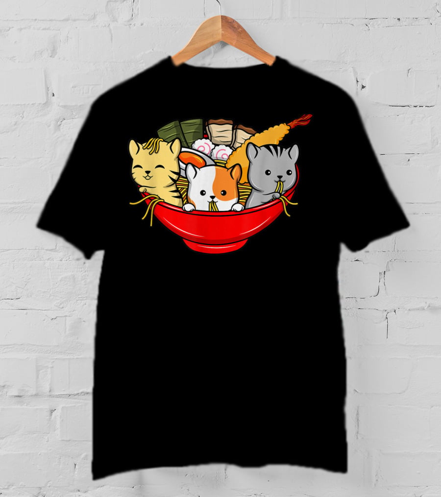 Kawaii Cat Trio In Ramen Bowl With Japanese Anime Style Meal T-Shirt