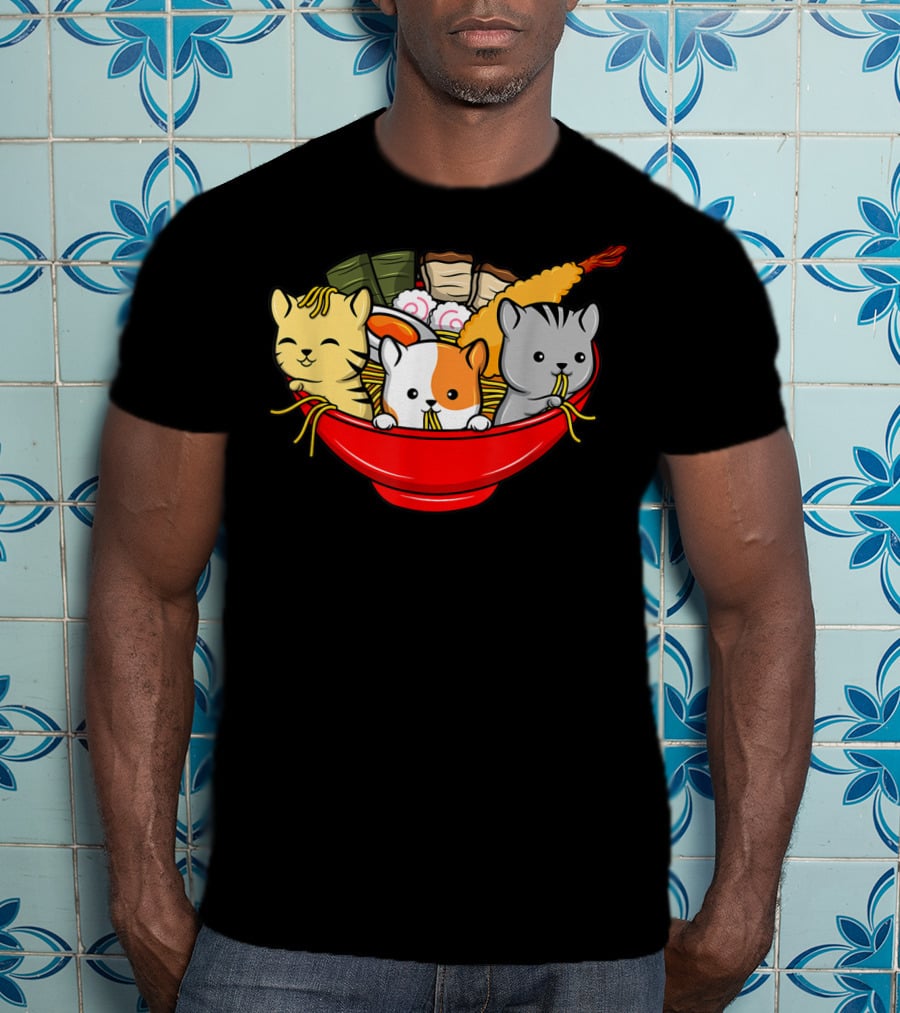 Kawaii Cat Trio In Ramen Bowl With Japanese Anime Style Meal T-Shirt