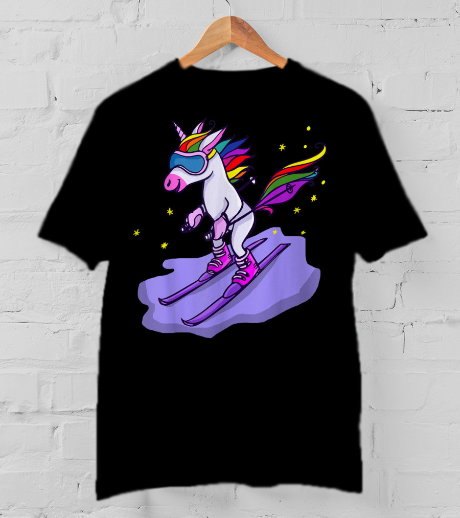 Cute Unicorn Skiing In Rainbow T-Shirt