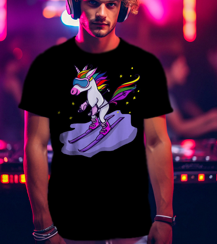 Cute Unicorn Skiing In Rainbow T-Shirt