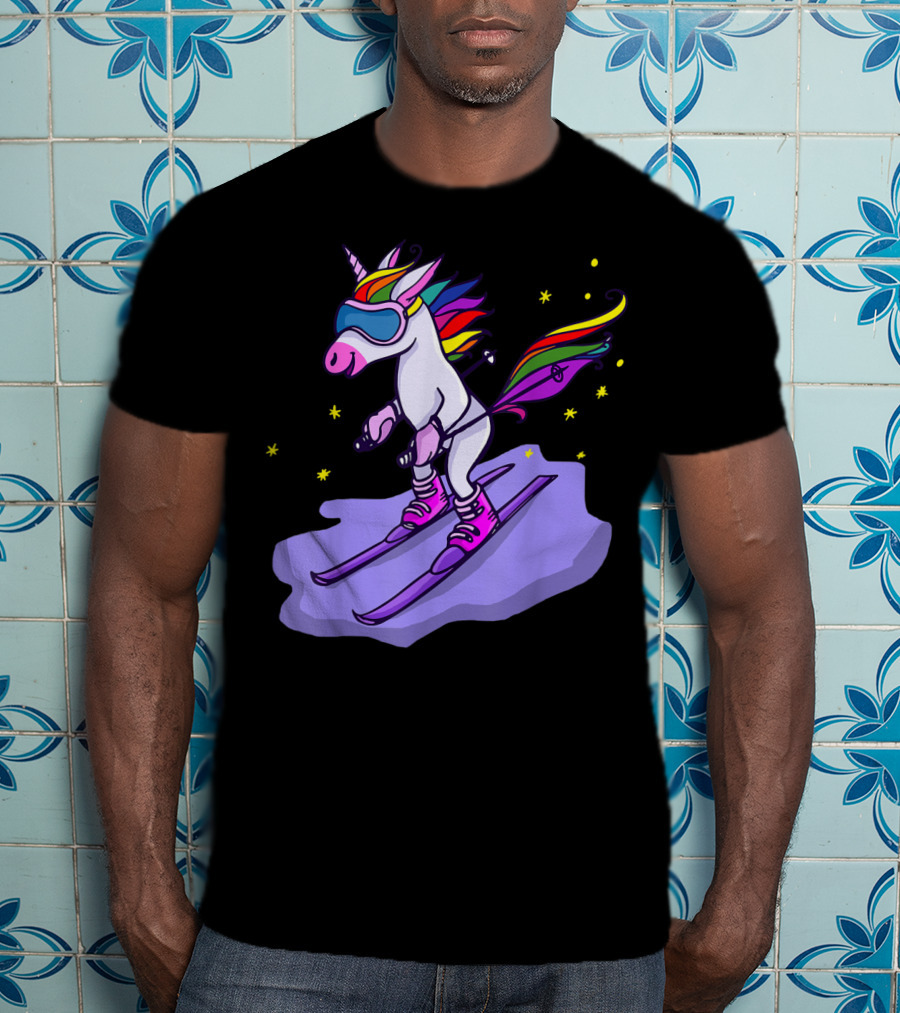 Cute Unicorn Skiing In Rainbow T-Shirt