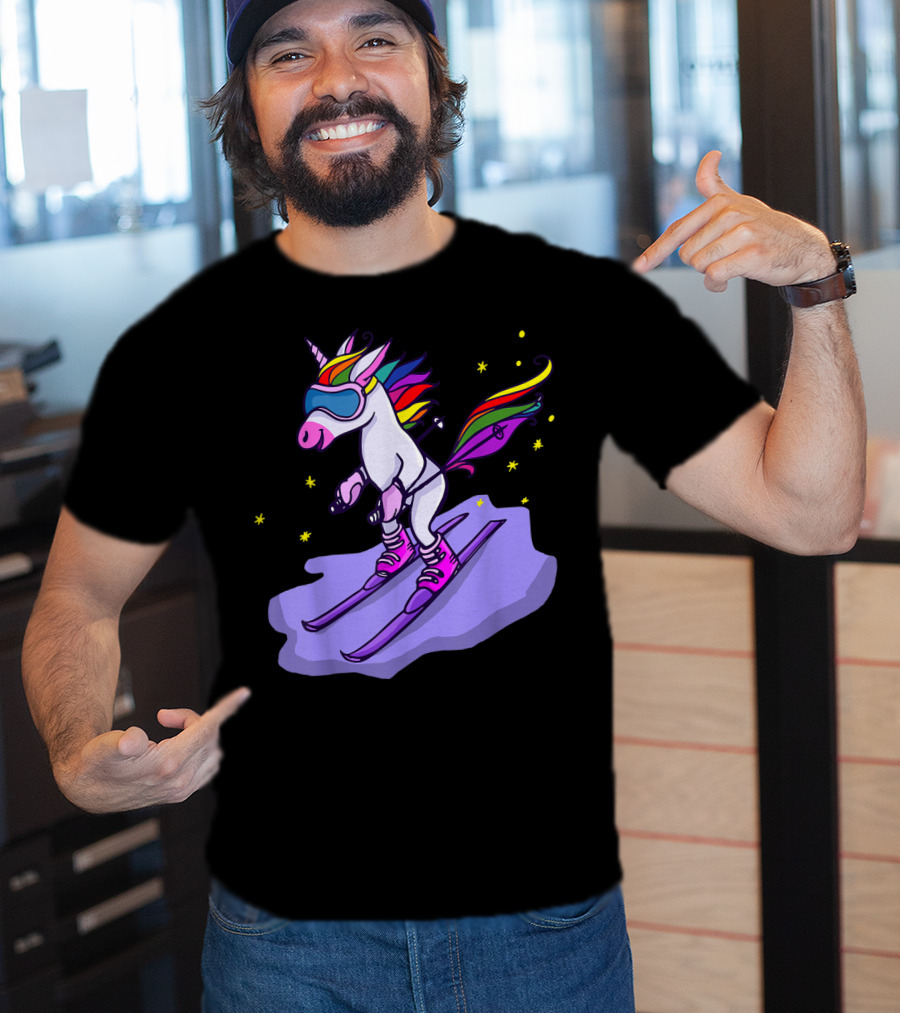 Cute Unicorn Skiing In Rainbow T-Shirt