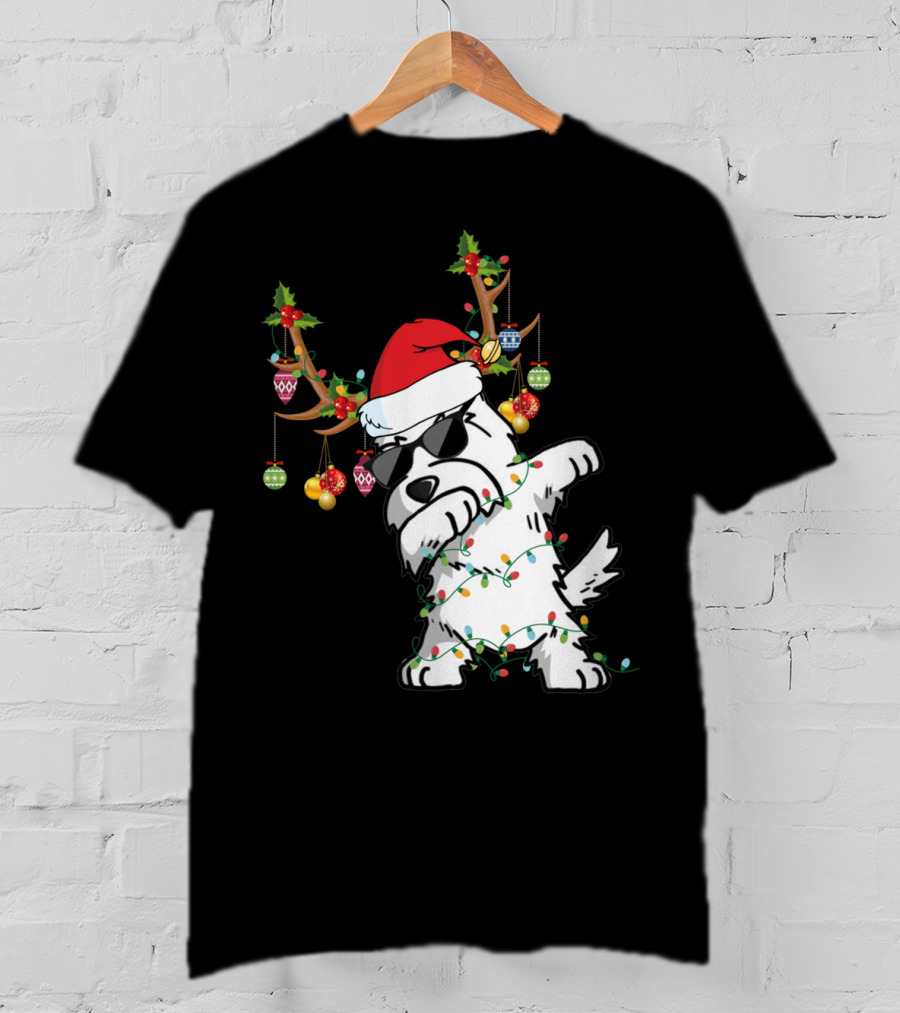 Dabbing Westie Dog Christmas Lights Santa Hat Reindeer Antlers Ornaments T-Shirt