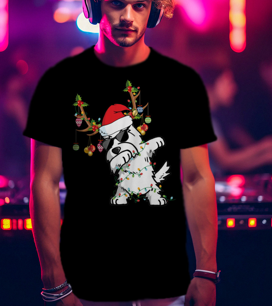 Dabbing Westie Dog Christmas Lights Santa Hat Reindeer Antlers Ornaments T-Shirt
