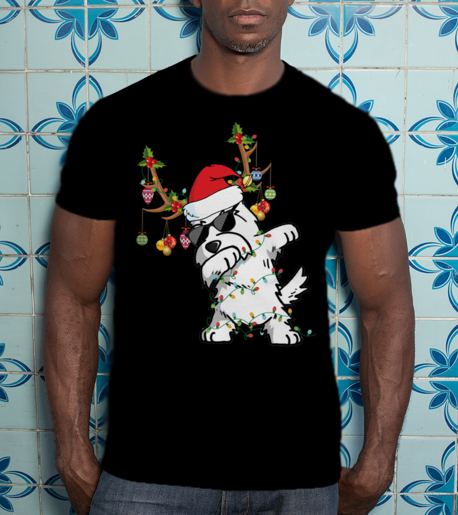 Dabbing Westie Dog Christmas Lights Santa Hat Reindeer Antlers Ornaments T-Shirt