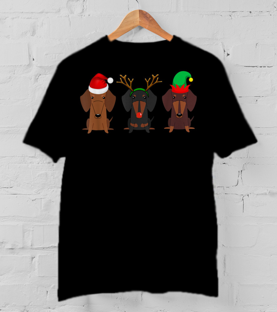 Dachshund Christmas Mom Women Weiner Dog With Santa Hat Reindeer Antlers Elf Hat T-Shirt