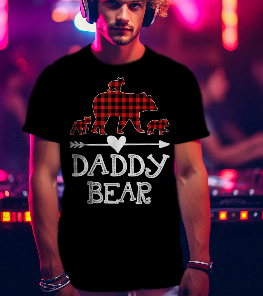 Daddy Bear Red Plaid Three Cubs Arrow Heart T-Shirt