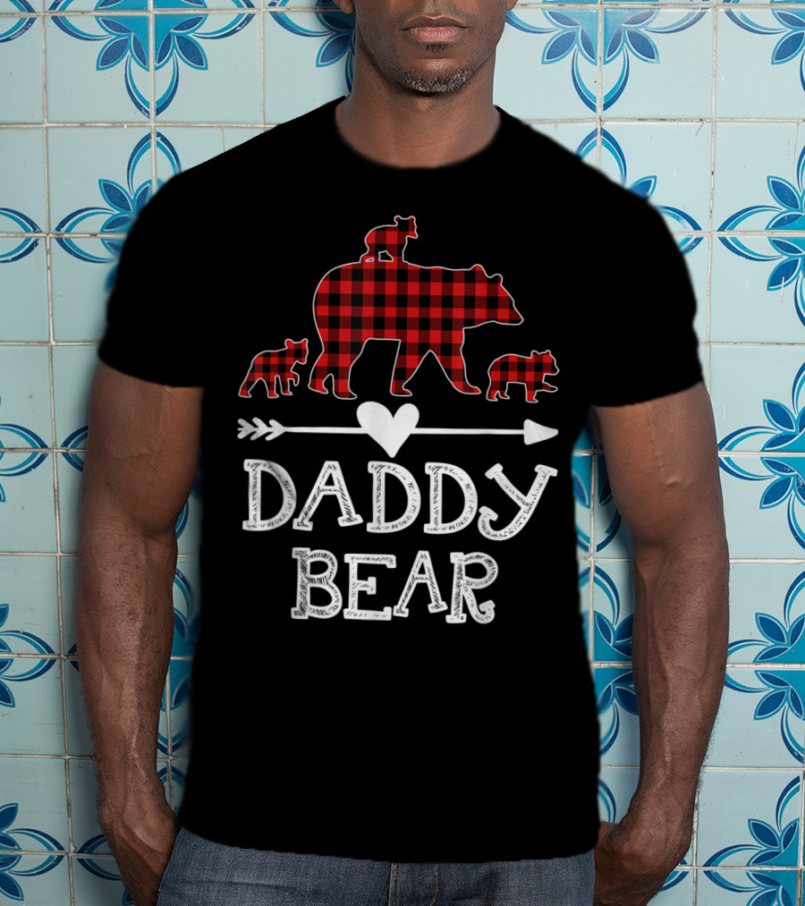Daddy Bear Red Plaid Three Cubs Arrow Heart T-Shirt