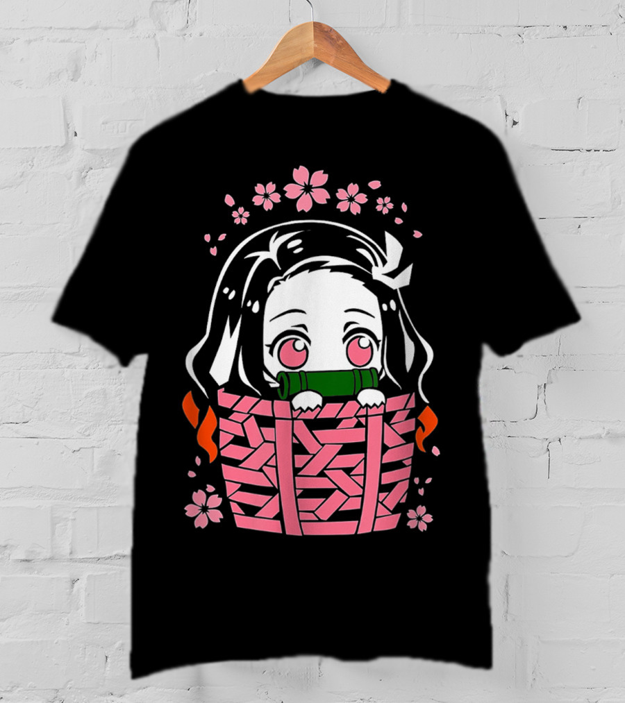 Nezuko Kamado Kawaii Chibi With Bamboo Mouthpiece And Cherry Blossoms Demon Slayer Anime T-Shirt
