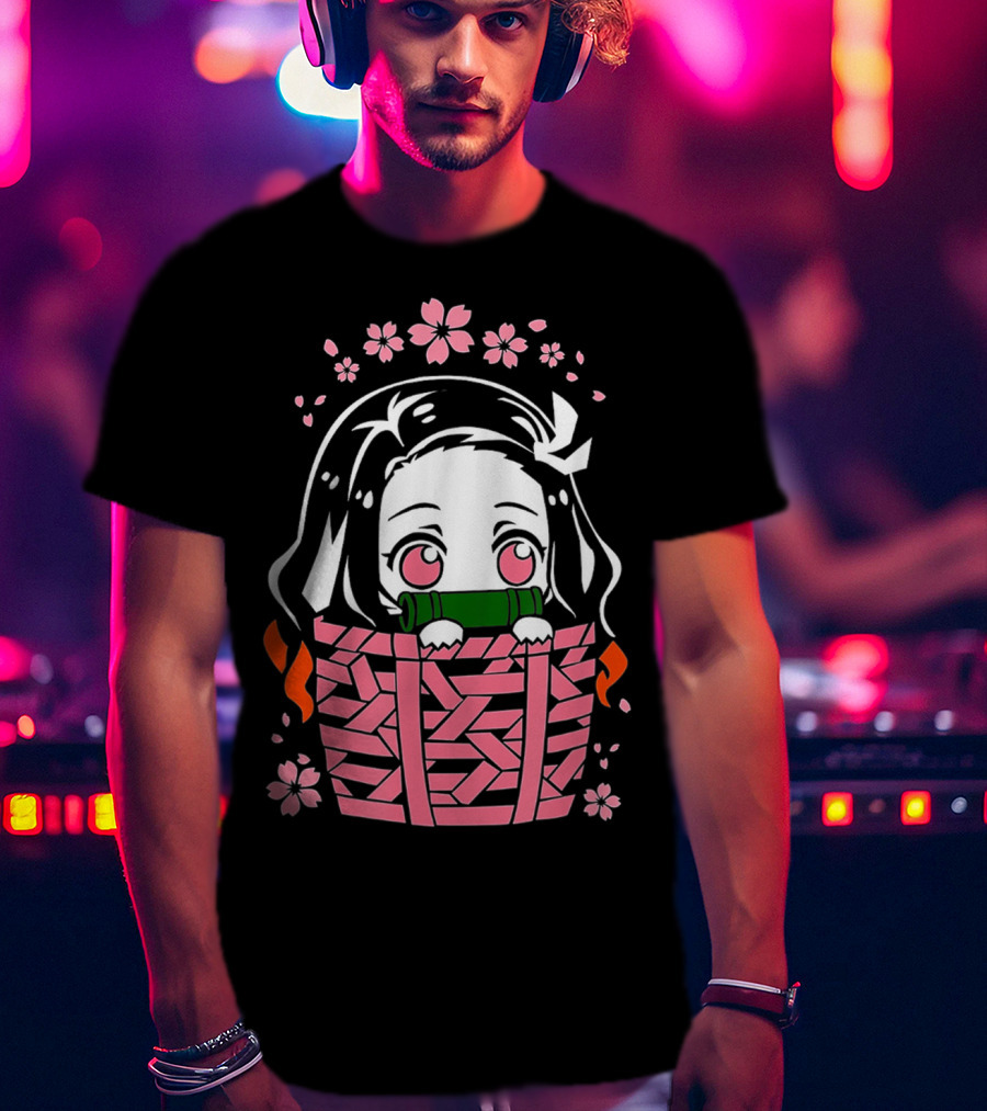 Nezuko Kamado Kawaii Chibi With Bamboo Mouthpiece And Cherry Blossoms Demon Slayer Anime T-Shirt