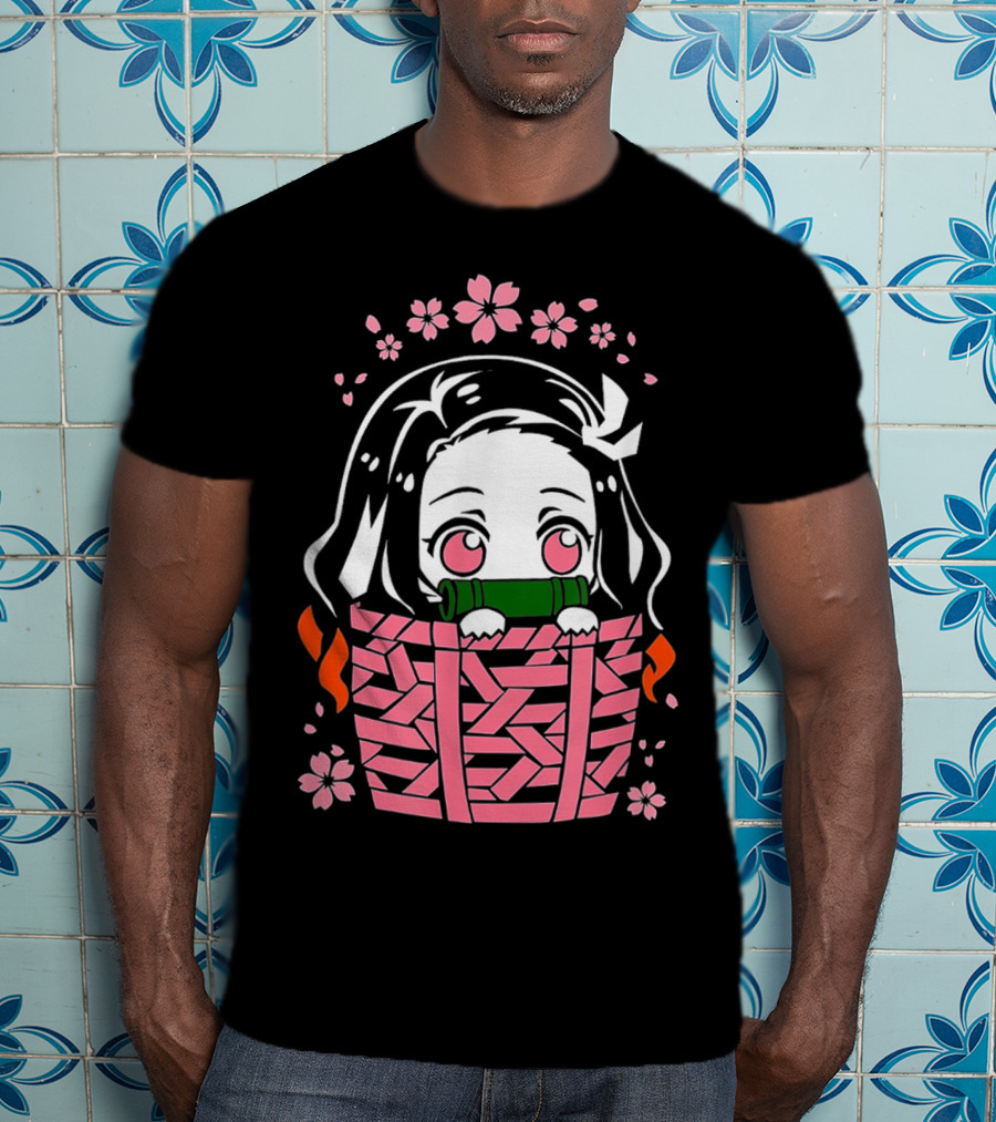 Nezuko Kamado Kawaii Chibi With Bamboo Mouthpiece And Cherry Blossoms Demon Slayer Anime T-Shirt